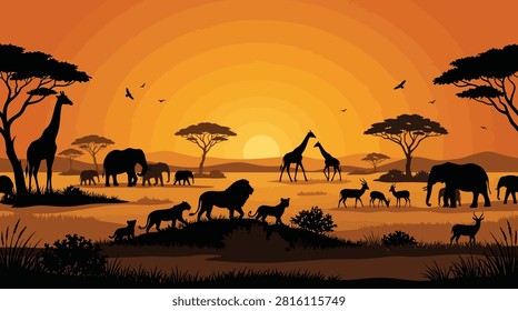 Vector illustration of an African savanna sunset scene with a lion pride, elephant herd with calves, giraffes and antelopes gathered near acacia trees. Golden sun glowing over rolling hills with birds flying across a warm orange sky. Ideal for wildlife posters, travel and safari branding, nature wallpapers and children's book illustrations.