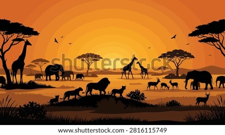 Vector illustration of an African savanna sunset scene with a lion pride, elephant herd with calves, giraffes and antelopes gathered near acacia trees. Golden sun glowing over rolling hills with birds flying across a warm orange sky. Ideal for wildlife posters, travel and safari branding, nature wallpapers and children's book illustrations.