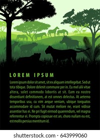 Vector illustration of african savannah safari landscape with wildlife animals silhouettes in sunset design template