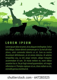 Vector illustration of african savannah safari landscape with wildlife animals silhouettes in sunset design template