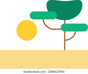 Vector illustration of an African savannah, tree and sun. African grassland icon.
