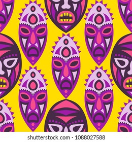 Vector Illustration. African Seamless Background with Ritual Masks for Poster or Banner. Ethnic Seamless Background with Color Trible Ritual Masks for your Design. Vector Texture.