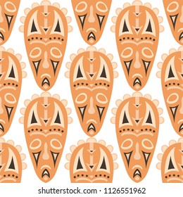Vector Illustration. African Seamless Background with Ritual Masks for Poster or Banner. Ethnic Seamless Background with Color Trible Ritual Masks for your Design. Vector Texture.