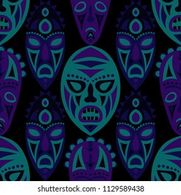 Vector Illustration. African Seamless Background with Ritual Masks for Print or Card. Ethnic Seamless Pattern with Color Trible Shamanic Masks for your Design. Vector Texture.