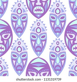 Vector Illustration. African Seamless Background with Ritual Masks for Textile or Paper. Ethnic Seamless Pattern with Color Trible Shamanic Masks for your Design. Vector Texture.