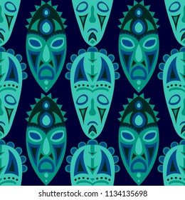 Vector Illustration. African Seamless Background with Ritual Masks for Card or Poster. Ethnic Seamless Pattern with Color Trible Shamanic Masks for your Design. Vector Texture.