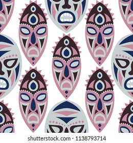 Vector Illustration. African Seamless Background with Ritual Masks for Textile or Paper. Ethnic Seamless Pattern with Color Trible Shamanic Masks for your Design. Vector Texture.