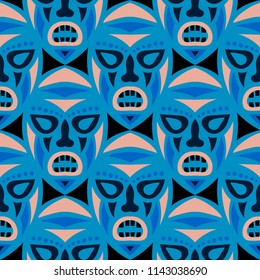 Vector Illustration. African Seamless Background with Ritual Masks for Card or Poster. Ethnic Seamless Background with Color Trible Ritual Masks for your Design. Vector Texture.