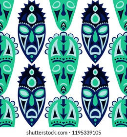 Vector Illustration. African Seamless Background with Ritual Masks for Print or Card. Ethnic Seamless Background with Color Trible Ritual Masks for your Design. Vector Texture.