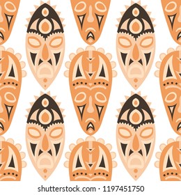 Vector Illustration. African Seamless Background with Ritual Masks for Print or Card. Ethnic Seamless Pattern with Color Trible Shamanic Masks for your Design. Vector Texture.