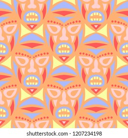 Vector Illustration. African Seamless Background with Ritual Masks for Print or Card. Ethnic Seamless Pattern with Color Trible Shamanic Masks for your Design. Vector Texture.
