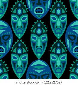 Vector Illustration. African Seamless Background with Ritual Masks for Card or Poster. Ethnic Seamless Pattern with Color Trible Shamanic Masks for your Design. Vector Texture.