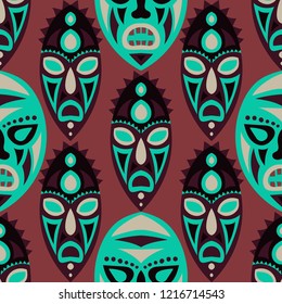 Vector Illustration. African Seamless Background with Ritual Masks for Card or Poster. Ethnic Seamless Background with Color Trible Ritual Masks for your Design. Vector Texture.