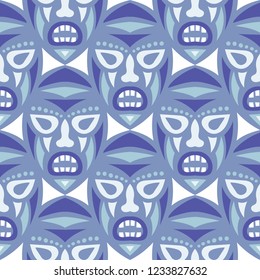 Vector Illustration. African Seamless Background with Ritual Masks for Textile or Paper. Ethnic Seamless Pattern with Color Trible Shamanic Masks for your Design. Vector Texture.