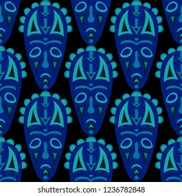 Vector Illustration. African Seamless Background with Ritual Masks for Card or Poster. Ethnic Seamless Pattern with Color Trible Shamanic Masks for your Design. Vector Texture.