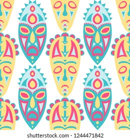 Vector Illustration. African Seamless Background with Ritual Masks for Poster or Banner. Ethnic Seamless Background with Color Trible Ritual Masks for your Design. Vector Texture.