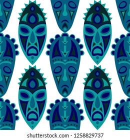 Vector Illustration. African Seamless Background with Ritual Masks for Textile or Paper. Ethnic Seamless Pattern with Color Trible Shamanic Masks for your Design. Vector Texture.