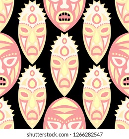 Vector Illustration. African Seamless Background with Ritual Masks for Card or Poster. Ethnic Seamless Background with Color Trible Ritual Masks for your Design. Vector Texture.