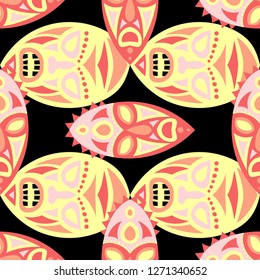 Vector Illustration. African Seamless Background with Ritual Masks for Print or Card. Ethnic Seamless Background with Color Trible Ritual Masks for your Design. Vector Texture.