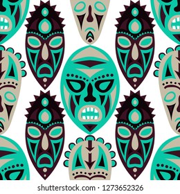 Vector Illustration. African Seamless Background with Ritual Masks for Textile or Paper. Ethnic Seamless Background with Color Trible Ritual Masks for your Design. Vector Texture.