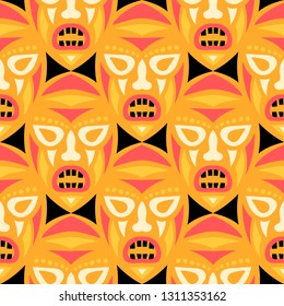 Vector Illustration. African Seamless Background with Ritual Masks for Textile or Paper. Ethnic Seamless Background with Color Trible Ritual Masks for your Design. Vector Texture.