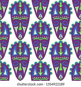 Vector Illustration. African Seamless Background with Ritual Masks for Textile or Paper. Ethnic Seamless Pattern with Color Trible Shamanic Masks for your Design. Vector Texture.