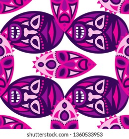 Vector Illustration. African Seamless Background with Ritual Masks for Print or Card. Ethnic Seamless Pattern with Color Trible Shamanic Masks for your Design. Vector Texture.