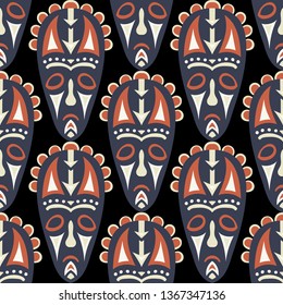 Vector Illustration. African Seamless Background with Ritual Masks for Card or Poster. Ethnic Seamless Pattern with Color Trible Shamanic Masks for your Design. Vector Texture.