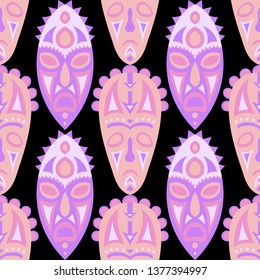 Vector Illustration. African Seamless Background with Ritual Masks for Poster or Banner. Ethnic Seamless Pattern with Color Trible Shamanic Masks for your Design. Vector Texture.