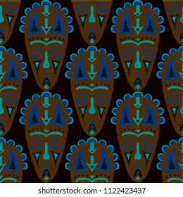 Vector Illustration. African Seamless Pattern with Color Masks for Card or Poster. Ethnic Seamless Pattern with Color Trible Shamanic Masks for your Design. Vector Texture.
