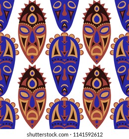 Vector Illustration. African Seamless Pattern with Color Masks for Poster or Banner. Ethnic Seamless Pattern with Color Trible Shamanic Masks for your Design. Vector Texture.