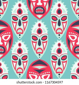 Vector Illustration. African Seamless Pattern with Color Masks for Card or Poster. Ethnic Seamless Pattern with Color Trible Shamanic Masks for your Design. Vector Texture.