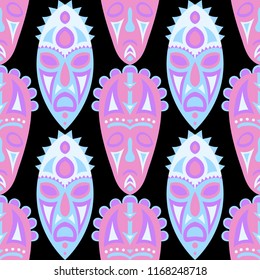 Vector Illustration. African Seamless Pattern with Color Masks for Poster or Banner. Ethnic Seamless Background with Color Trible Ritual Masks for your Design. Vector Texture.