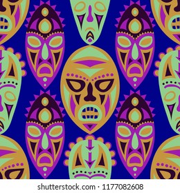 Vector Illustration. African Seamless Pattern with Color Masks for Poster or Banner. Ethnic Seamless Background with Color Trible Ritual Masks for your Design. Vector Texture.