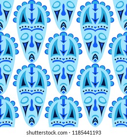 Vector Illustration. African Seamless Pattern with Color Masks for Poster or Banner. Ethnic Seamless Pattern with Color Trible Shamanic Masks for your Design. Vector Texture.