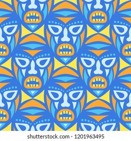 Vector Illustration. African Seamless Pattern with Color Masks for Print or Card. Ethnic Seamless Pattern with Color Trible Shamanic Masks for your Design. Vector Texture.