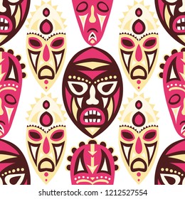 Vector Illustration. African Seamless Pattern with Color Masks for Textile or Paper. Ethnic Seamless Background with Color Trible Ritual Masks for your Design. Vector Texture.