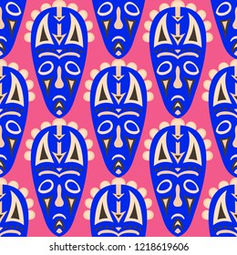 Vector Illustration. African Seamless Pattern with Color Masks for Poster or Banner. Ethnic Seamless Background with Color Trible Ritual Masks for your Design. Vector Texture.