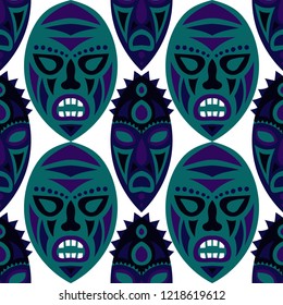 Vector Illustration. African Seamless Pattern with Color Masks for Card or Poster. Ethnic Seamless Background with Color Trible Ritual Masks for your Design. Vector Texture.