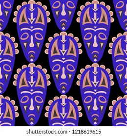 Vector Illustration. African Seamless Pattern with Color Masks for Textile or Paper. Ethnic Seamless Background with Color Trible Ritual Masks for your Design. Vector Texture.