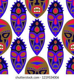 Vector Illustration. African Seamless Pattern with Color Masks for Textile or Paper. Ethnic Seamless Background with Color Trible Ritual Masks for your Design. Vector Texture.