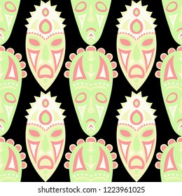 Vector Illustration. African Seamless Pattern with Color Masks for Poster or Banner. Ethnic Seamless Pattern with Color Trible Shamanic Masks for your Design. Vector Texture.