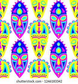 Vector Illustration. African Seamless Pattern with Color Masks for Textile or Paper. Ethnic Seamless Background with Color Trible Ritual Masks for your Design. Vector Texture.
