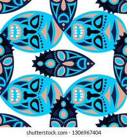 Vector Illustration. African Seamless Pattern with Color Masks for Textile or Paper. Ethnic Seamless Pattern with Color Trible Shamanic Masks for your Design. Vector Texture.