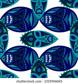 Vector Illustration. African Seamless Pattern with Color Masks for Poster or Banner. Ethnic Seamless Pattern with Color Trible Shamanic Masks for your Design. Vector Texture.
