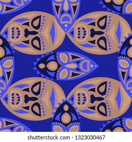 Vector Illustration. African Seamless Pattern with Color Masks for Poster or Banner. Ethnic Seamless Background with Color Trible Ritual Masks for your Design. Vector Texture.