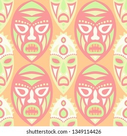 Vector Illustration. African Seamless Pattern with Color Masks for Textile or Paper. Ethnic Seamless Pattern with Color Trible Shamanic Masks for your Design. Vector Texture.