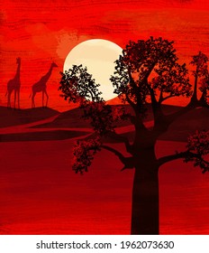 vector illustration of an African sunset in the desert