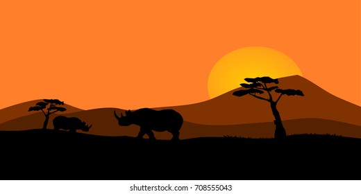 Vector illustration of an African sunset with rhinos