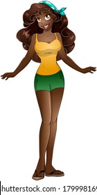 Vector illustration of an african teenage girl in tanktop and short pants. 